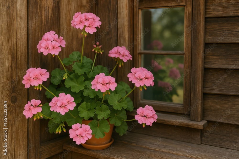 Elegant pink geranium blossoms adorning a windowsill Elegant pink geranium blossoms adorning a windowsill