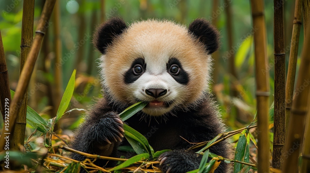 Fototapeta premium Cute panda cub eating bamboo
