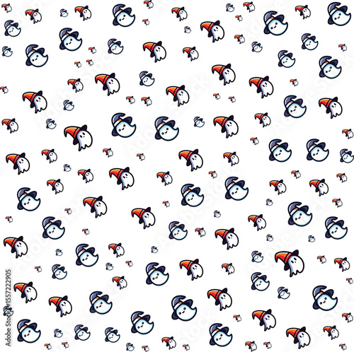 Cute cartoon ghosts wearing witch hats scattered on white background