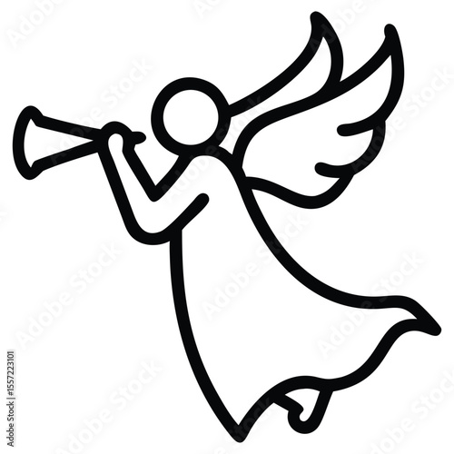 Line art illustration of angel figure blowing horn musical instrument