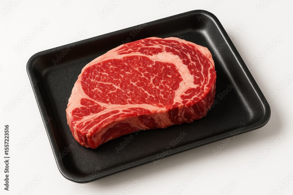 A raw ribeye cut displayed on a dark platter, highlighting its marbling and vivid hues, ideal for grilling or roasting in a culinary journey. A raw ribeye cut displayed on a dark platter, highlighting its marbling and vivid hues, ideal for grilling or roasting in a culinary journey.