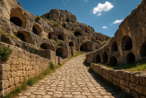 Historic rocky pathway in a medieval cave village