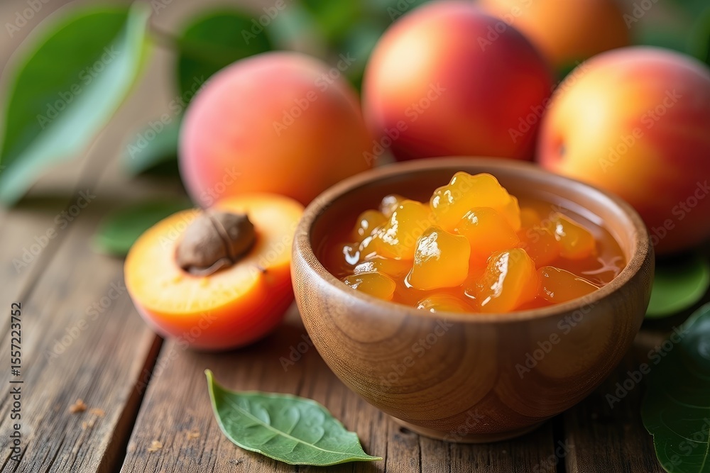 Delicious apricot preserves served in a rustic wooden dish alongside fresh apricots on a wooden surface. Empty space for text. Summer harvest theme. Delicious apricot preserves served in a rustic wooden dish alongside fresh apricots on a wooden surface. Empty space for text. Summer harvest theme.