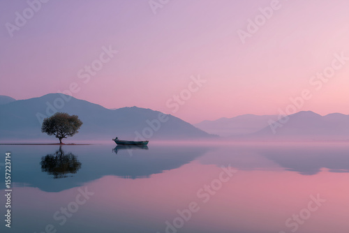 Tranquil Lake at Sunset. Serene landscape with a boat and tree on a calm lake. Ideal for travel brochures, nature themes, or relaxation concepts.