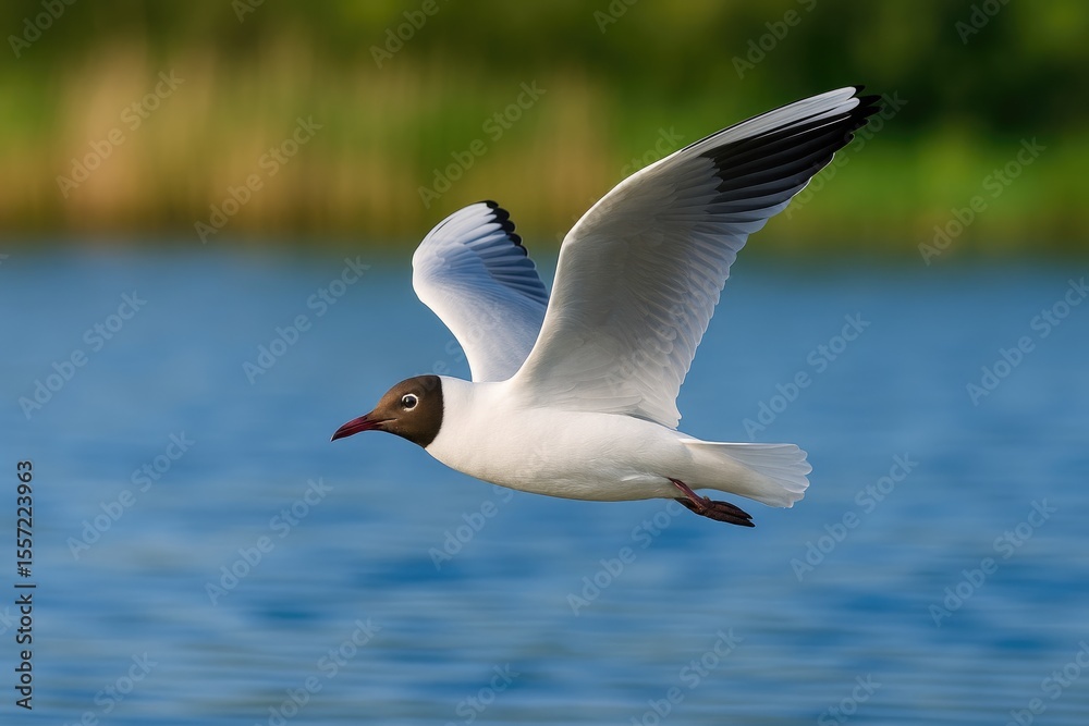 Obraz premium Black-headed Gull soaring over a serene pond