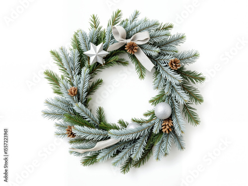 Christmas wreath with silver decorations and pine cones on white background  