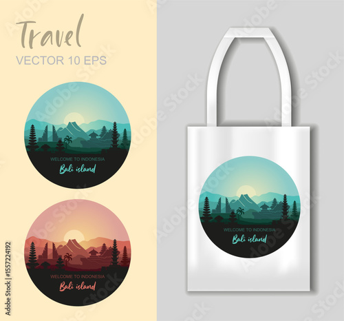 Round vector illustration of Bali island landscape with temples, mountains, and sunrise in modern flat style. Includes tote bag mockup. Perfect for travel prints, souvenirs, gifts, and tourism design 