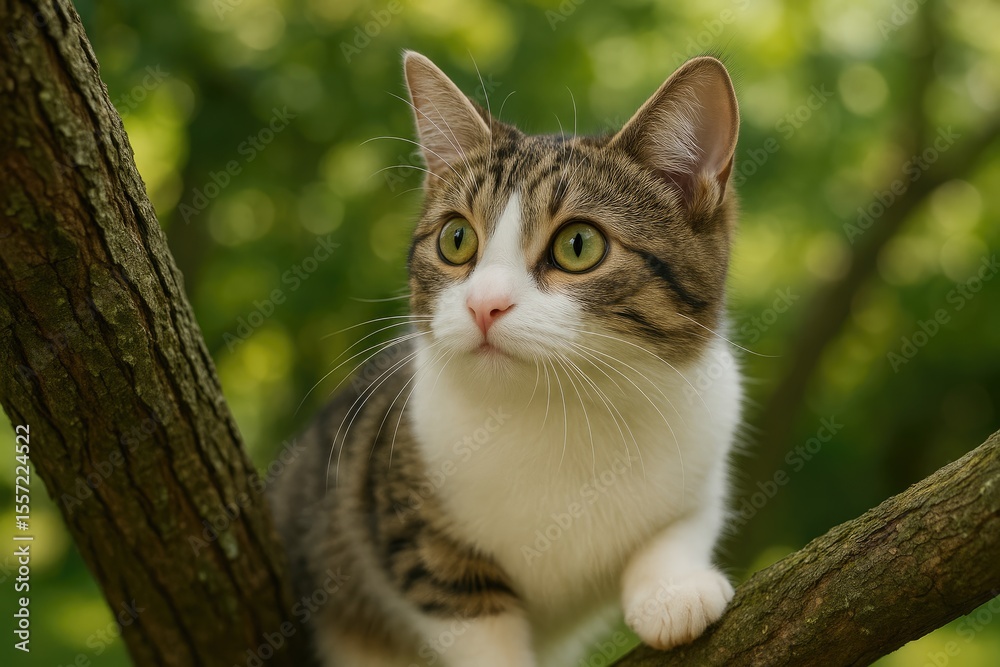 Fototapeta premium A charming feline perched in a tree observes with interest. Detailed shot of a small rodent.