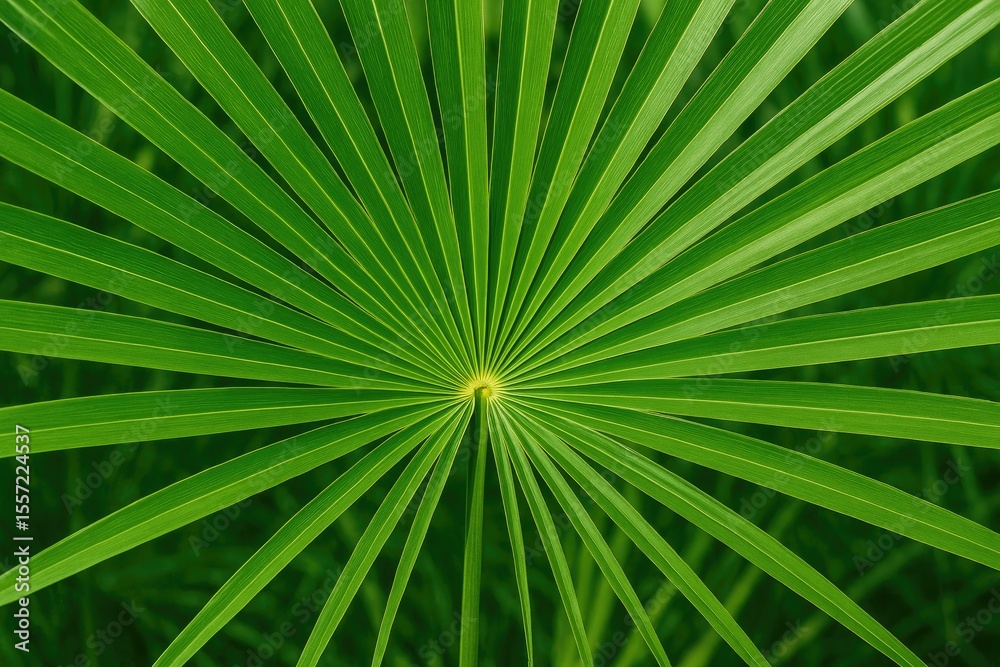 Obraz premium Close-up of a vibrant green Chamaerops palm leaf with a natural background