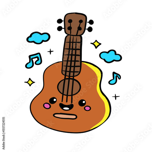 Happy mood cute cartoon guitar line art with musical notes.