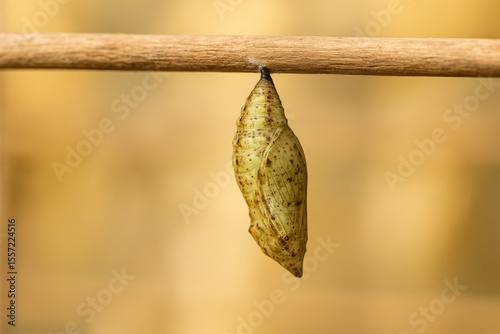 A chrysalis connected to a branch in the breeding environment