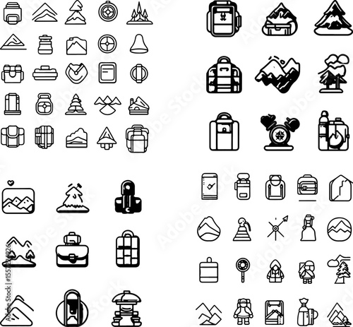 camping icons tent campfire outdoor wilderness hiking backpack nature adventure campsite sleeping bag backpacking forest camping gear camping tools camp symbol outdoor camping trail c