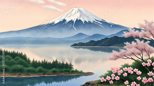 Majestic Mount Fuji Reflected in Serene Lake with Cherry Blossoms in Bloom