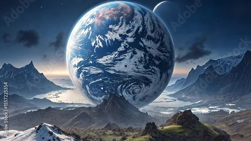 Majestic View of Earth from an Alien Planet with Mountains and Lakes