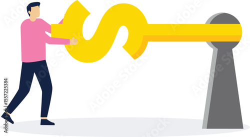 The key to wealth, the key to success, investing money and return on investment, the solution to make money, businessmen take the key to open the gold coins

