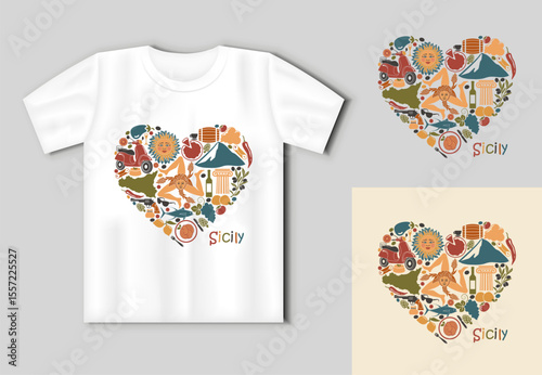 Heart shaped vector illustration with traditional Sicily symbols including Trinacria sun food and landmarks. Includes T shirt mockup. Perfect for travel prints souvenirs gifts and tourism design proje