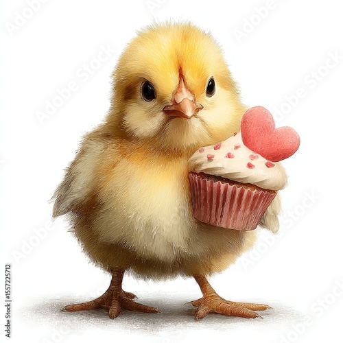 Cute chick holding a cupcake with a heart decoration.