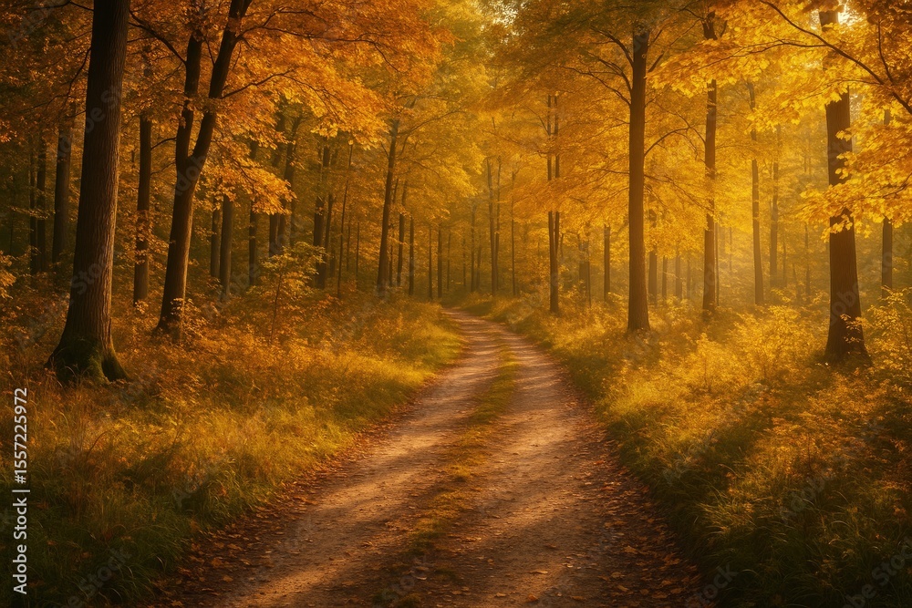 Obraz premium Golden leaves glow in an autumn woodland with a trail of footsteps