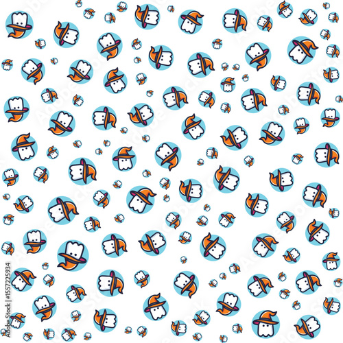 Cute cartoon ghosts wearing witch hats scattered on a white background