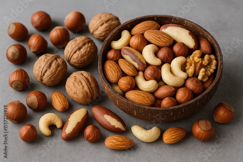 Close-up of mixed nuts in a coconut bowl on a gray background