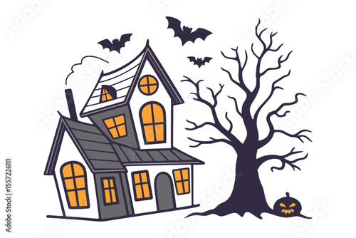 halloween haunted house silhouette bats pumpkin tree on spooky night