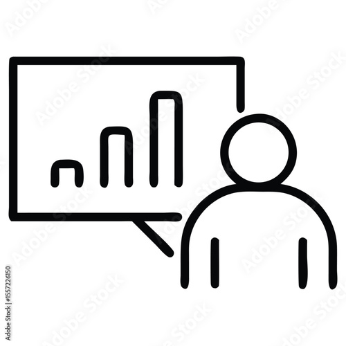 Man presenting bar graph chart in a simple line art drawing