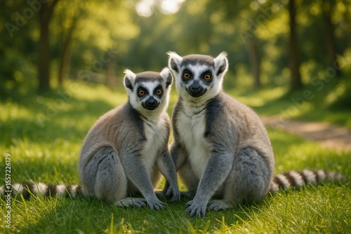 Elegant grey ring-tailed lemur resting in a zoo setting