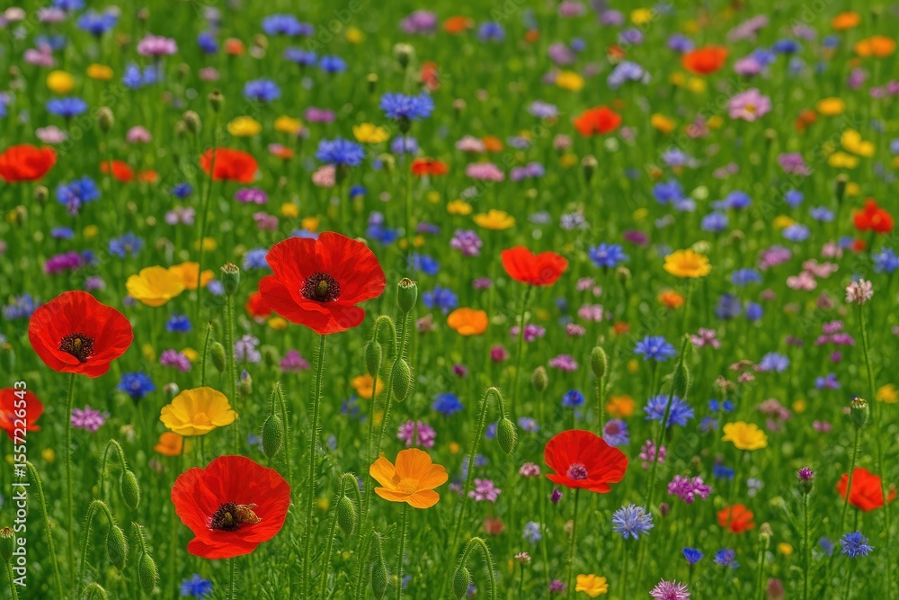 Fototapeta premium A vibrant field of wildflowers featuring bright poppies, ideal for pollinators