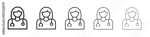Woman Doctor iconBlack linear bold and thin strokes set
