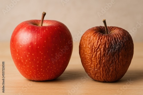 The transformation of a vibrant red apple as it ripens, ages, and develops wrinkles.