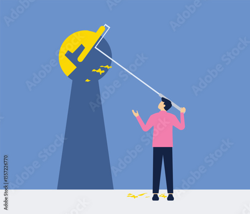 Businessman takes action to find a key hole exit through a wall as a creative management career answer idea stock illustration

