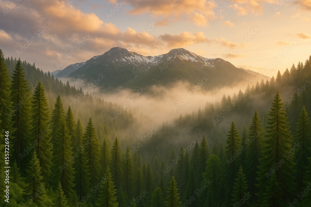 Obraz premium Lush green woodland shrouded in mist on mountain peaks