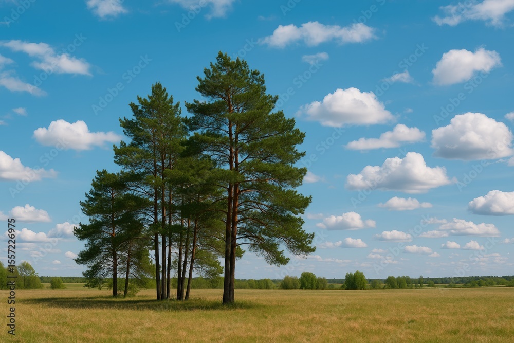Obraz premium A cluster of pine trees standing in a meadow beneath a vibrant spring sky filled with clouds and sunshine