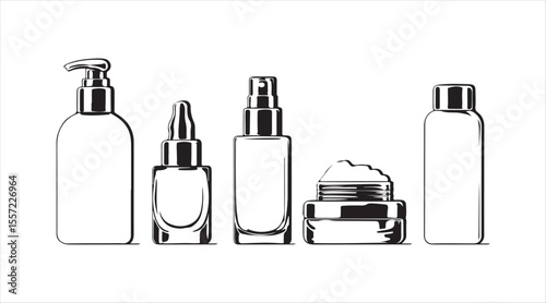 editable line icon collection of beauty bottles features a lotion pump, dropper bottle, spray bottle, cream jar, and toner bottle, all designed with a stylish thin stroke look.

