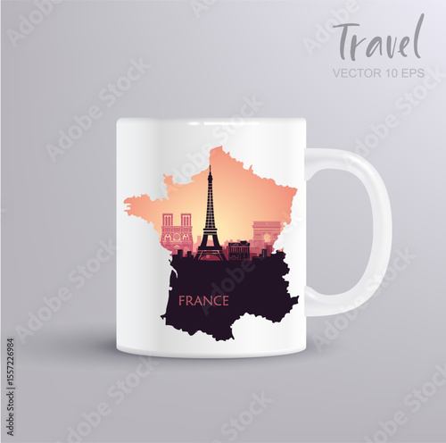 Vector illustration of France map with Paris city skyline in silhouette style including famous landmarks. Includes mug mockup. Perfect for travel prints souvenirs gifts tourism and French culture desi
