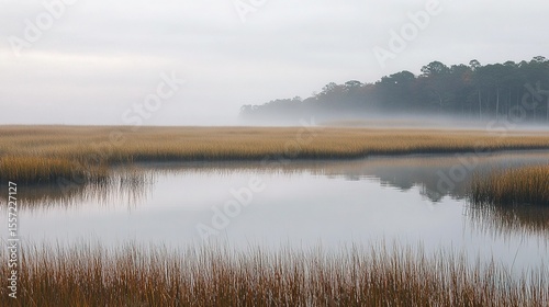 Chesapeake Bay marshland cordgrass patterns: morning fog soft focus background for conservation education, tranquil art 