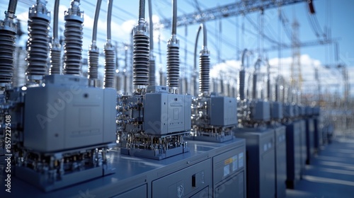Industrial power station equipment. Rows of gray metal electrical switchgear with coiled cables