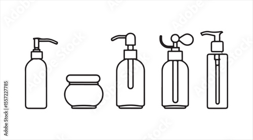 editable line icon set that includes beauty bottles such as a lotion pump, dropper bottle, spray bottle, cream jar, and toner bottle, all illustrated in a modern thin stroke style.