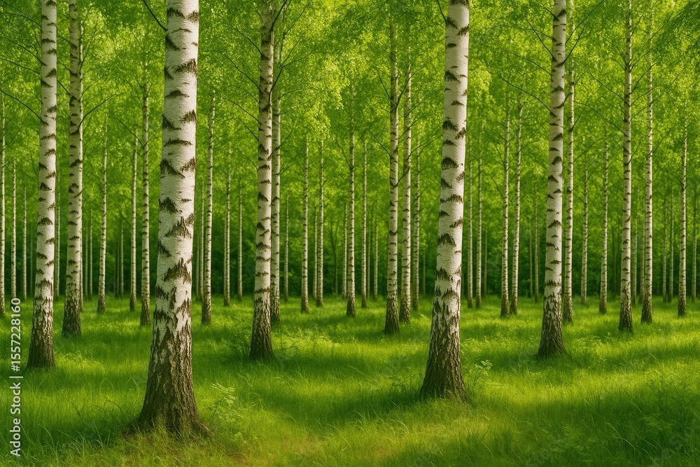 Naklejka premium Stunning white-barked birch trees surrounded by lush green leaves in a summer forest