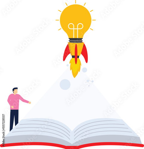 Disseminate knowledge in business books. Businessman launching idea bulb rocket vector

