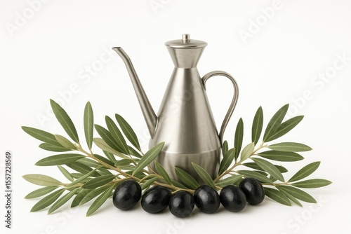 A metal oil container placed among olive branches with ripe black olives on a white backdrop.