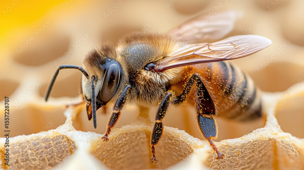 Naklejka premium Insects on flowers, macro shot of a bee on a sunflower, extreme detail in wings and pollen