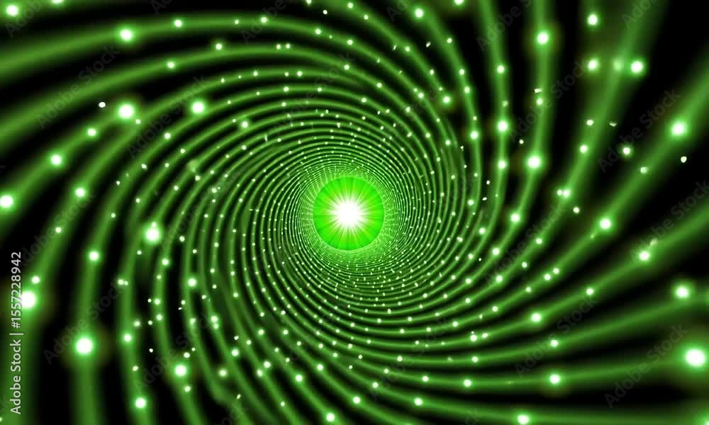 A vibrant green spiral tunnel of glowing points