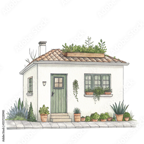 Charming Cottage with Greenery Potted Plants clipart Watercolor 
