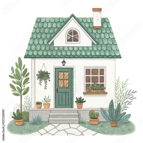 Charming Cottage with Greenery Potted Plants clipart Watercolor 
