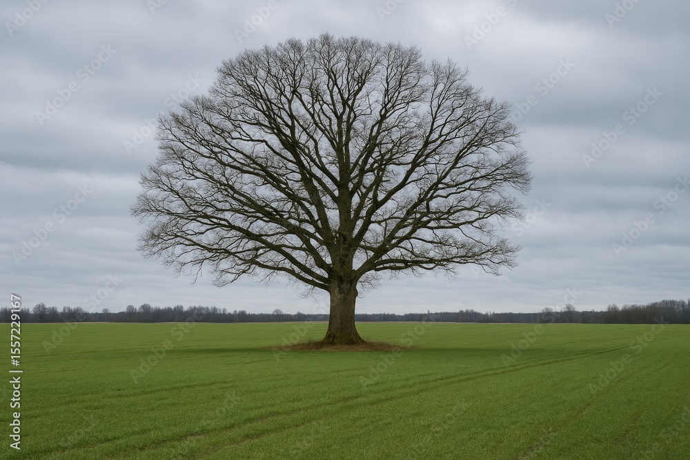Fototapeta premium Vast farmland featuring a towering oak amidst lush greenery, with a bare deciduous tree during late autumn under a cloudy sky.