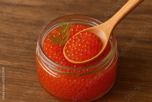 A rustic wooden utensil immersed in a jar filled with vibrant red fish roe, garnished with fresh dill on a wooden surface. Organic seafood delicacy.