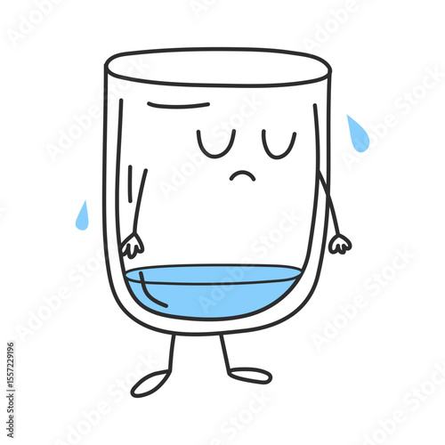 Almost empty glass. Sad dehydrated glass character in hot weather. Hydration concept. Vector illustration