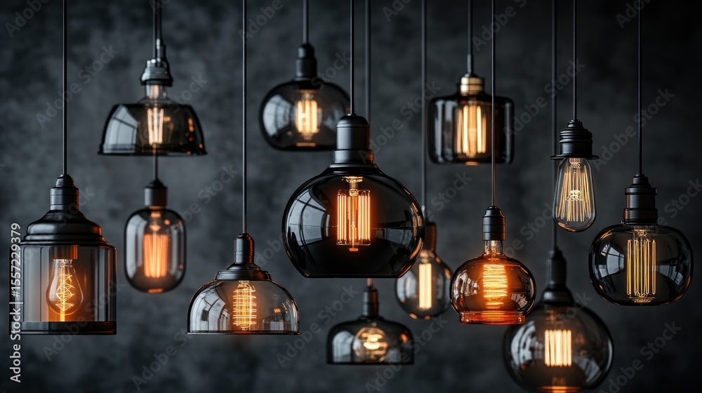 Obraz premium Many vintage-style lamps hang from a dark wall
