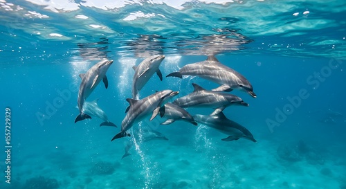 Dolphins swim together in clear turquoise water, creating a captivating scene beneath the ocean surface.
